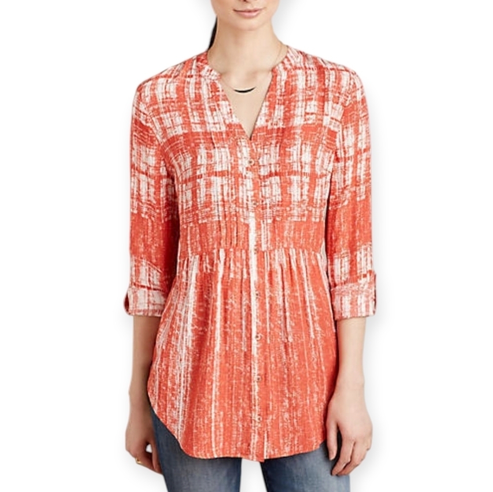 Anthropologie Maeve Calia Tunic Button Up Blouse Orange and White Size 10